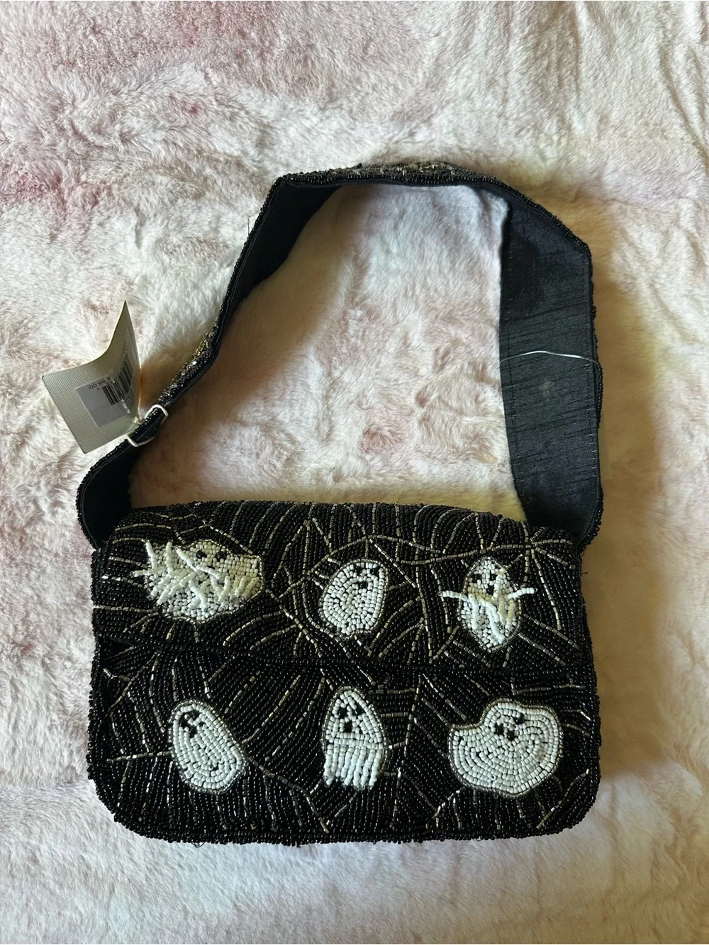 White Ghosts Black Beaded Halloween Purse Bag - Sol and Mer NWT